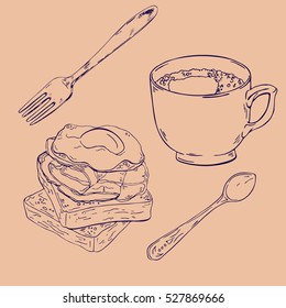 Set of toast and fried egg, cup of coffee, spoon and fork on beige background. hand drawn vector illustration.