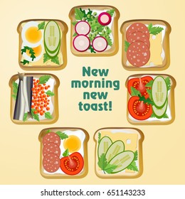 Set toast. Fried slices of bread with a variety of snacks: vegetables, fish, sausage, egg and cheese. Vector illustration