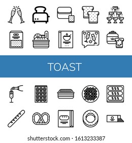 Set of toast icons. Such as Cheers, Semolina, Toaster, Bread, Cereals, Toast, Champagne, Peanut butter, Baguette, Bagel, Pretzel, Bean toasting, Loaf , toast icons