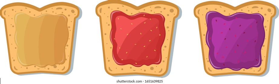 Set of toast with jam and peanut butter. Vector illustration in cartoon style.