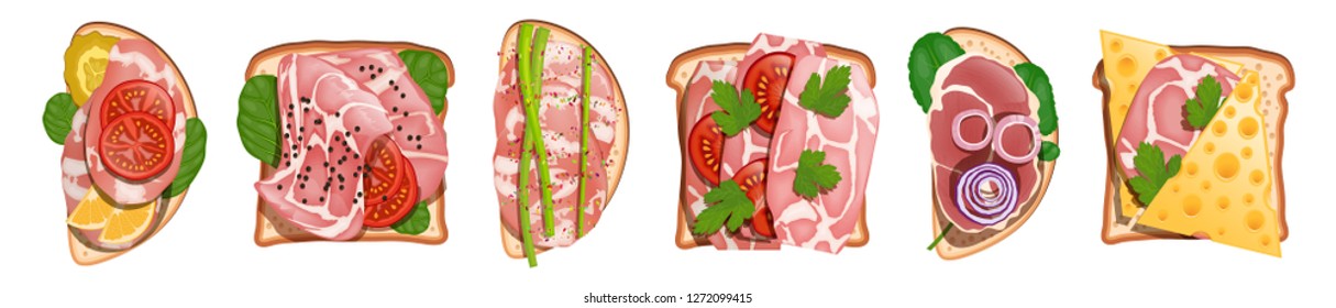 Set Toast Salami Sausage Ham Traditional Food Snack Breakfast Isolated On White Background. Sandwiches collection for lunch, cafe menu and fast food restaurant. Vector illustration