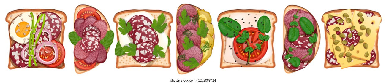 Set Toast Salami Sausage Ham Traditional Food Snack Breakfast Isolated On White Background. Sandwiches collection for lunch, cafe menu and fast food restaurant. Vector illustration