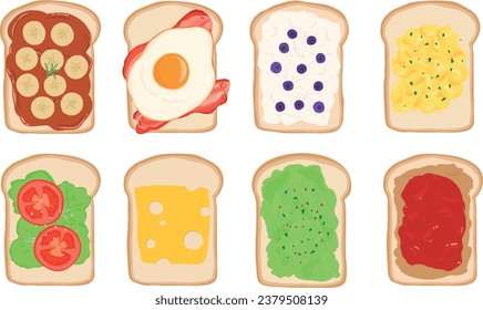 Set of toast with various toppings. Hand drawn vector illustration. 