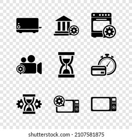 Set Toaster, Bank building setting, Oven, Hourglass, Microwave oven and  icon. Vector