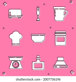 Set Toaster, Blender, Coffee cup, Chef hat, Bowl, Jam jar, Scales and Sauce bottle icon. Vector