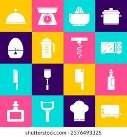 Tostadora Set, Botella de aceite de oliva, horno de microondas, jugo de cítricos, tetera, temporizador de cocina, Cubierta con bandeja y icono de corcho de vino. Vector