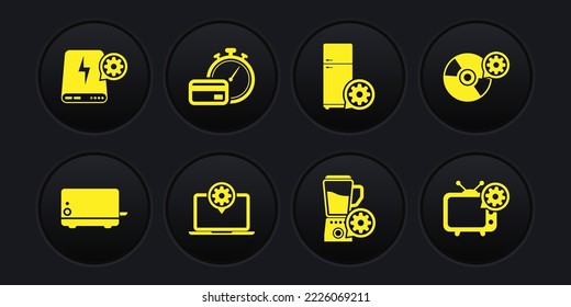 Set Toaster, CD or DVD disk setting, Laptop, Blender with bowl, Refrigerator and Fast payments icon. Vector