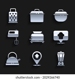 Set Toaster, Chef hat with location, Blender, Kettle handle, Electric mixer, Cooking pot and Grater icon. Vector