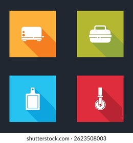 Set Toaster, Cooking pot, Cutting board and Pizza knife icon. Vector