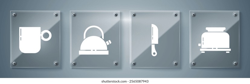 Set Toaster, Knife, Kettle with handle and Coffee cup. Square glass panels. Vector