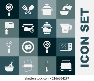 Set Toaster, Microwave oven, Measuring cup, Cooking pot, Electric mixer, Fried eggs on frying pan and  icon. Vector