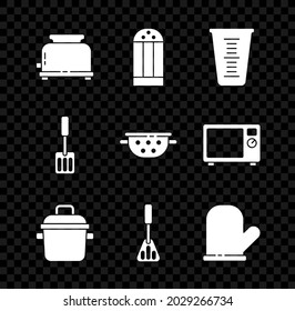 Set Toaster, Salt, Measuring cup, Cooking pot, Spatula, Oven glove,  and Kitchen colander icon. Vector