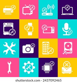 Set Toaster service, Hard disk drive, Microphone, Router wi-fi, Smartwatch, Oven, Printer and Microwave oven icon. Vector