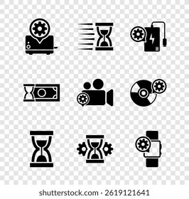 Set Toaster setting, Old hourglass with sand, Power bank, , Hourglass and Smartwatch icon. Vector