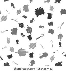 Set Toaster with toasts , Bottle of olive oil , Spoon  and Rolling pin  on seamless pattern. Vector