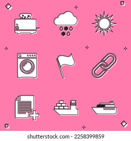 Set Toaster with toasts, Cloud snow and rain, Sun, Washer, Flag and Chain link icon. Vector