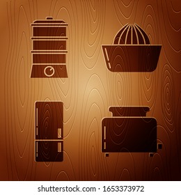 Set Toaster with toasts , Double boiler , Refrigerator  and Citrus fruit juicer  on wooden background. Vector