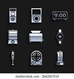 Set Toaster with toasts, Electric heater, Blender, Smart watch showing heart beat rate, Double boiler, Digital alarm clock and Remote control icon. Vector