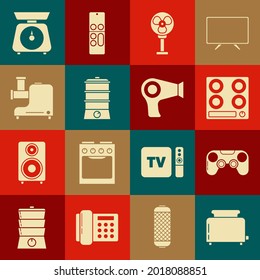 Set Tostador con tostadas, Gamepad, cocina de gas, ventilador eléctrico, caldera doble, molino de carne de cocina, escalas y un icono de secador de pelo. Vector