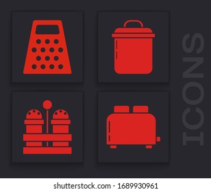 Set Toaster with toasts , Grater , Cooking pot  and Salt and pepper  icon. Vector