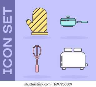 Set Toaster with toasts , Oven glove , Kitchen whisk  and Frying pan  icon. Vector