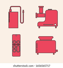 Set Tostadora con tostadas , Banco de energía con cable de carga diferente , Molino de carne de cocina e icono de control remoto. Vector