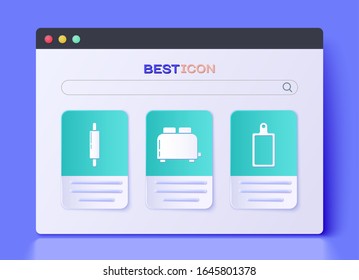 Set Toaster with toasts , Rolling pin  and Cutting board  icon. Vector
