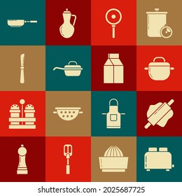 Set Toaster With Toasts, Rolling Pin, Cooking Pot, Frying Pan, Knife, And Paper Package For Milk Icon. Vector