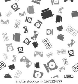 Set Toaster with toasts , Scales , Digital alarm clock  and Gamepad  on seamless pattern. Vector