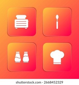 Set Toaster mit Toasts, Löffel, Salz und Pfeffer und Chef-Hut-Symbol. Vektorgrafik
