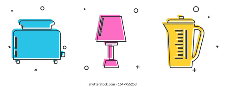 Set Toaster with toasts , Table lamp  and Measuring cup icon. Vector