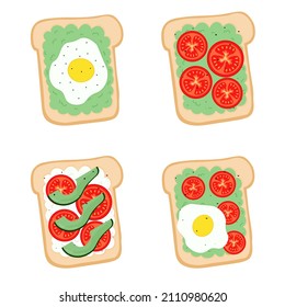 A set of toasts with avocado, fried egg, tomato slices on white bread. Healthy breakfast. Vegetarian food