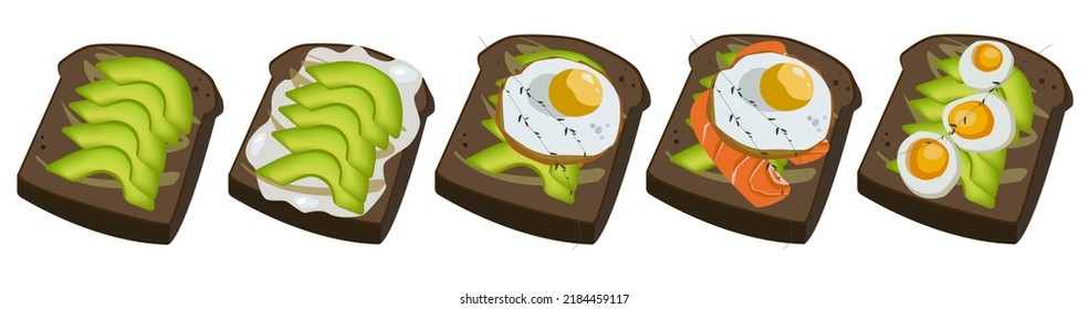 Set of toasts with avocado, olive oil, cream cheese, rosemary, salmon, fried and boiled eggs.