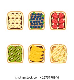 Set of toasts with berries and fruits for breakfast on white background, vector illustration