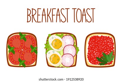 Conjunto de tostadas para el desayuno con diferentes rellenos. Tostadas con tomates, huevos cocidos y rábano, caviar y verduras. Ilustración del vector