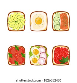 Set of toasts for breakfast with different ingredients, vector illustration