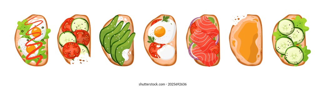 Set of toasts. A collection of toast and sandwiches with different ingredients. Slices of bread with eggs, lettuce, tomatoes, cucumbers, avocado, red fish, honey. Vector isolated on a white background