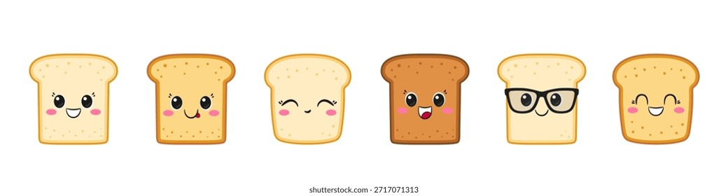 Brindes definidos, brinde bonito, divertido desenho animado personagem, pão fatiado, olhos grandes, rosto sorridente feliz, estilo kawaii, símbolo do café da manhã, ilustração vetorial.