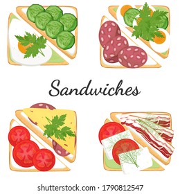 Set of toasts with different fillings, beautifully served toasts, top view, tasty sandwiches. Isolated object on a white background. Vector illustration