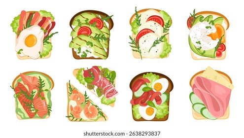 Set of toasts with different healthy ingredients Open sandwich for breakfast or launch with eggs, avocado, salmon, ham, tomato, salad, cucumber. Slices of bread Vector illustration flat style isolated