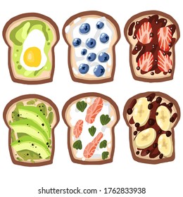 Conjunto de tostadas sobre un fondo blanco aislado. Comida saludable, orgánica, desayuno, almuerzo, cena. Aguacate, fresas, arándanos, huevo, guacamole, plátano, salmón, queso curdo. Ilustración vectorial.