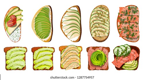 Set of toasts with salmon meat, avocado, cucumber, tomato, parsley on a white background isolated food item snack lunch sandwiches with fruit vegetables and seafood vector stock illustration