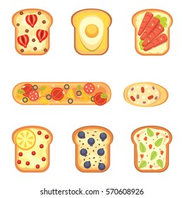 Set toasts and sandwich breakfast. Bread toast with jam, egg, cheese, blueberry, peanut butter, salami, fish. Flat vector illustration.