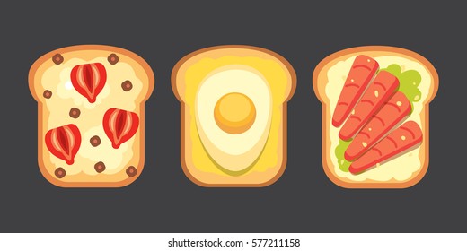 Set toasts and sandwich breakfast. Bread toast with jam, egg, cheese, blueberry, peanut butter, salami, fish. Flat vector illustration.