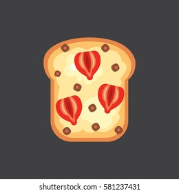 Set toasts and sandwich breakfast. Bread toast with jam, egg, cheese, blueberry, peanut butter, salami, fish. Flat vector illustration.
