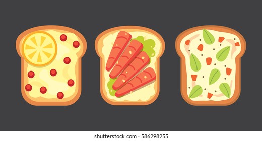 Set toasts and sandwich breakfast. Bread toast with jam, egg, cheese, blueberry, peanut butter, salami, fish. Flat vector illustration.