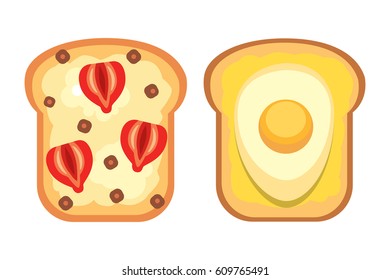 Set toasts and sandwich breakfast. Bread toast with jam, egg, cheese, blueberry, peanut butter, salami, fish. Flat vector illustration.