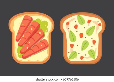 Set toasts and sandwich breakfast. Bread toast with jam, egg, cheese, blueberry, peanut butter, salami, fish. Flat vector illustration.