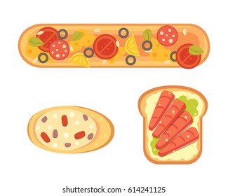 Set toasts and sandwich breakfast. Bread toast with jam, egg, cheese, blueberry, peanut butter, salami, fish. Flat vector illustration.