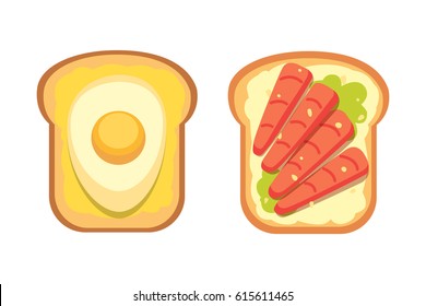 Set toasts and sandwich breakfast. Bread toast with jam, egg, cheese, blueberry, peanut butter, salami and fish. Flat vector isolated illustration.